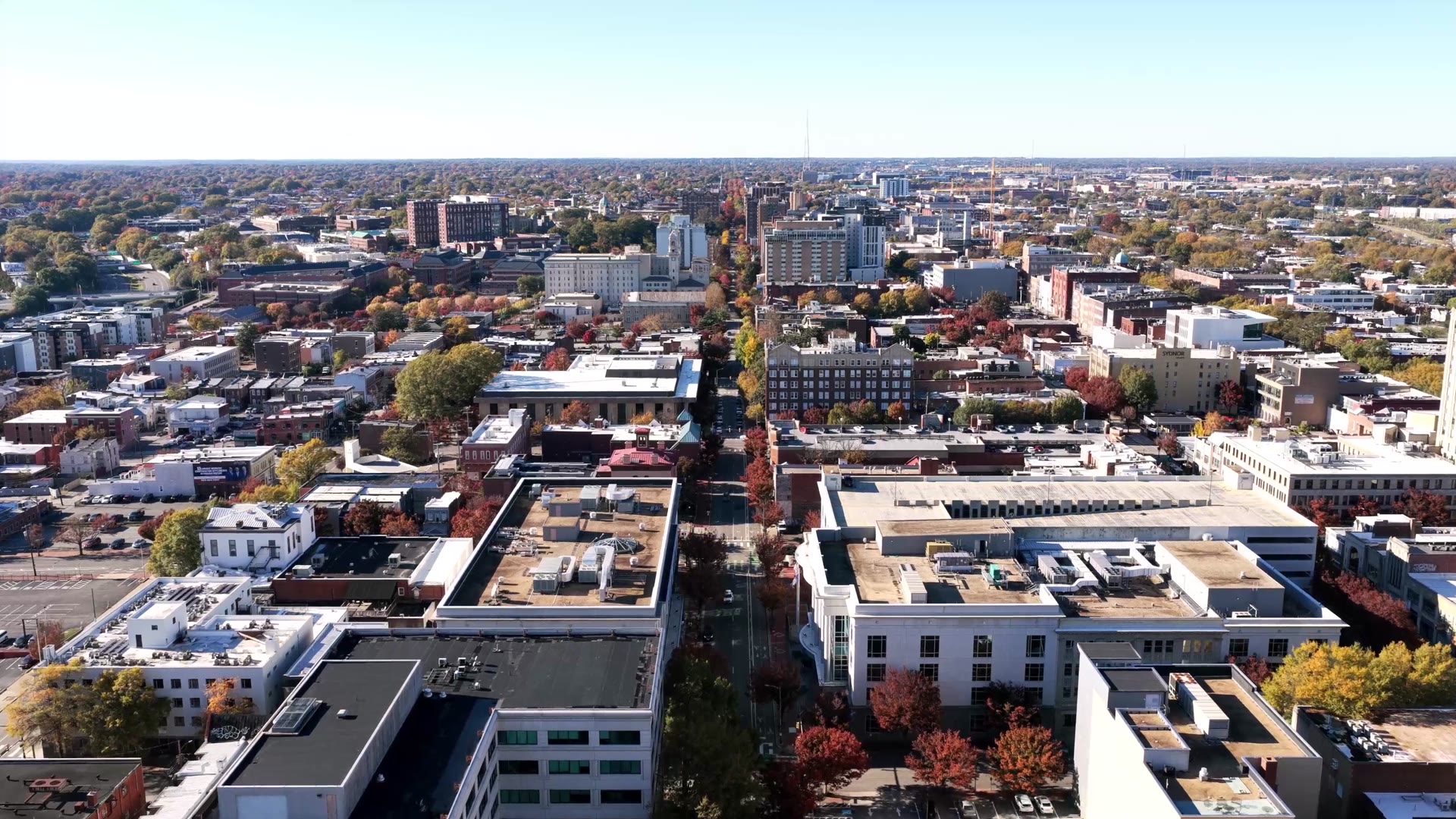 Aerial view of a Virginia downtown in autumn